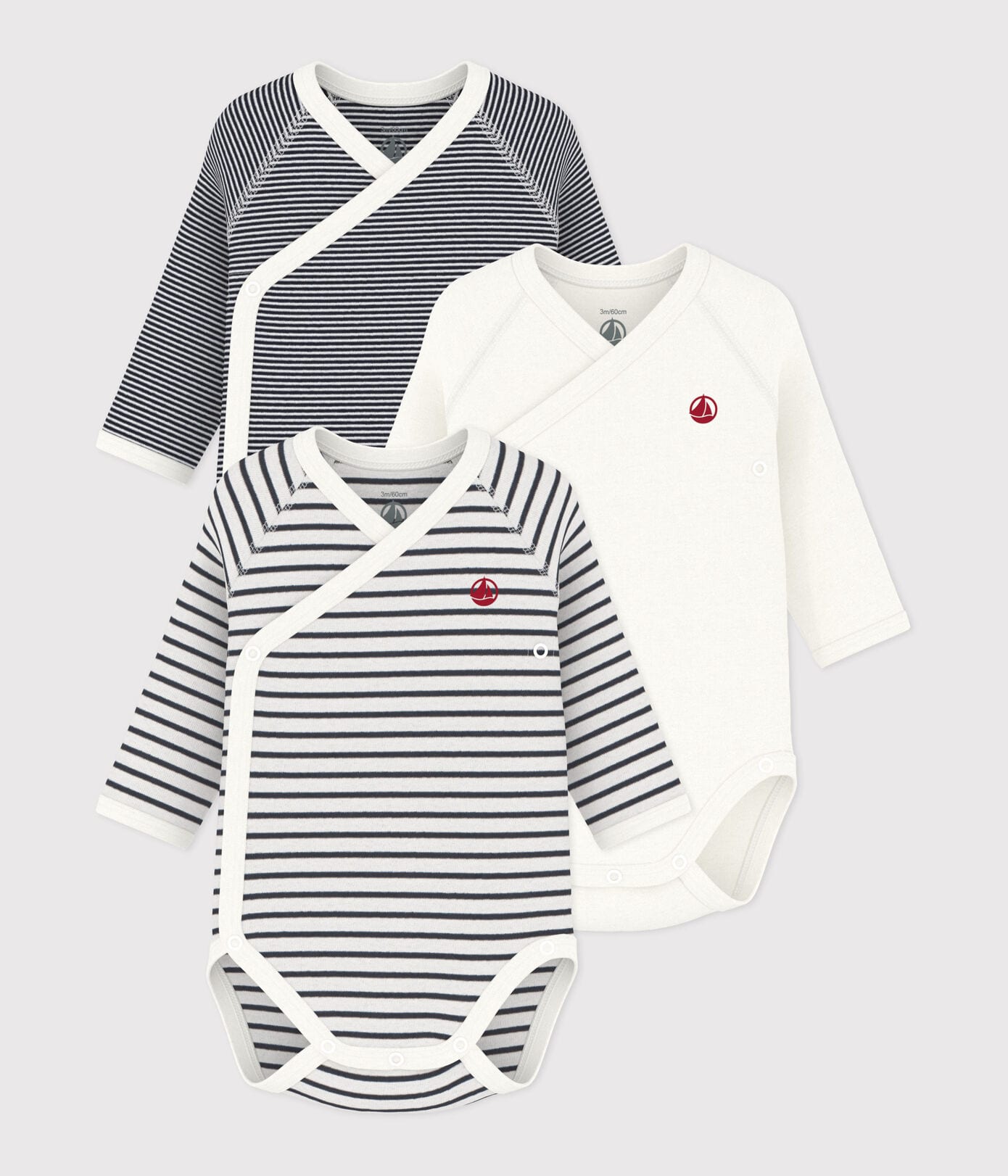 Petit Bateau 3er-Set langärmelige Baby-Bodys für Neugeborene 60 cm