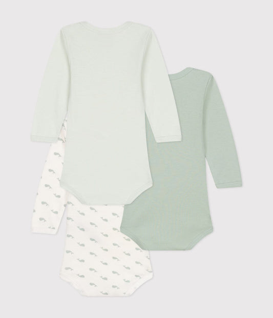 Petit Bateau 3er-Set langärmelige Baby-Bodys aus Baumwolle Wal-Muster, Unise