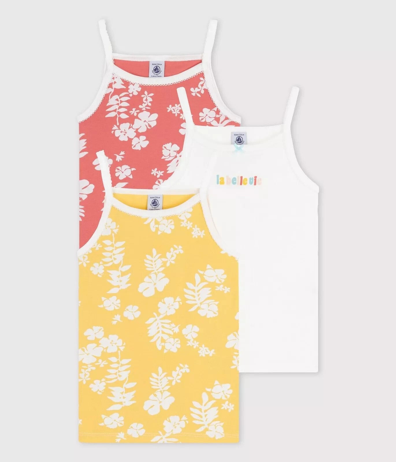 Petit Bateau 3er-Set Trägerhemden Baumwolle Hawaiimuster T-Shirt Set 116 cm