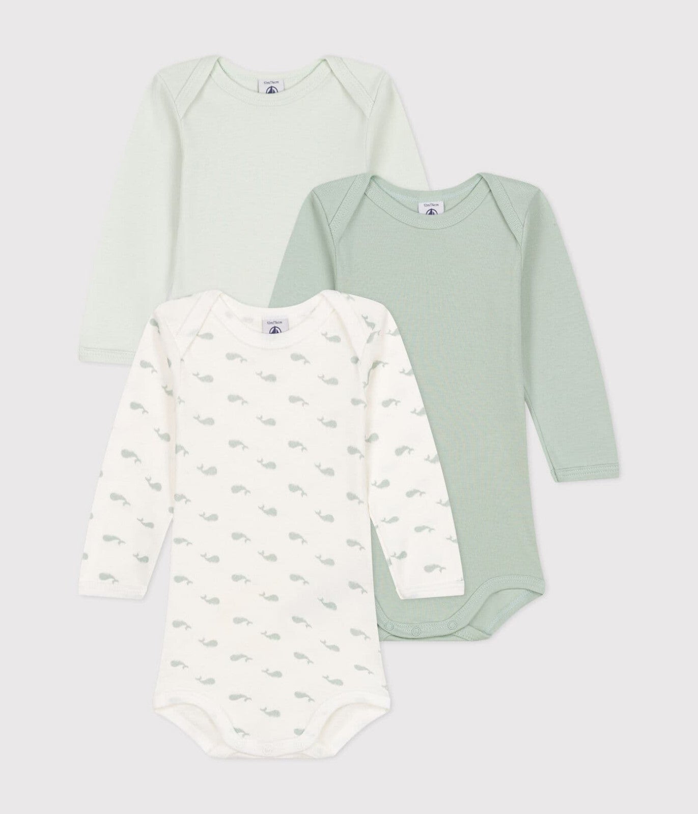 Petit Bateau 3er-Set langärmelige Baby-Bodys aus Baumwolle Wal-Muster, Unise