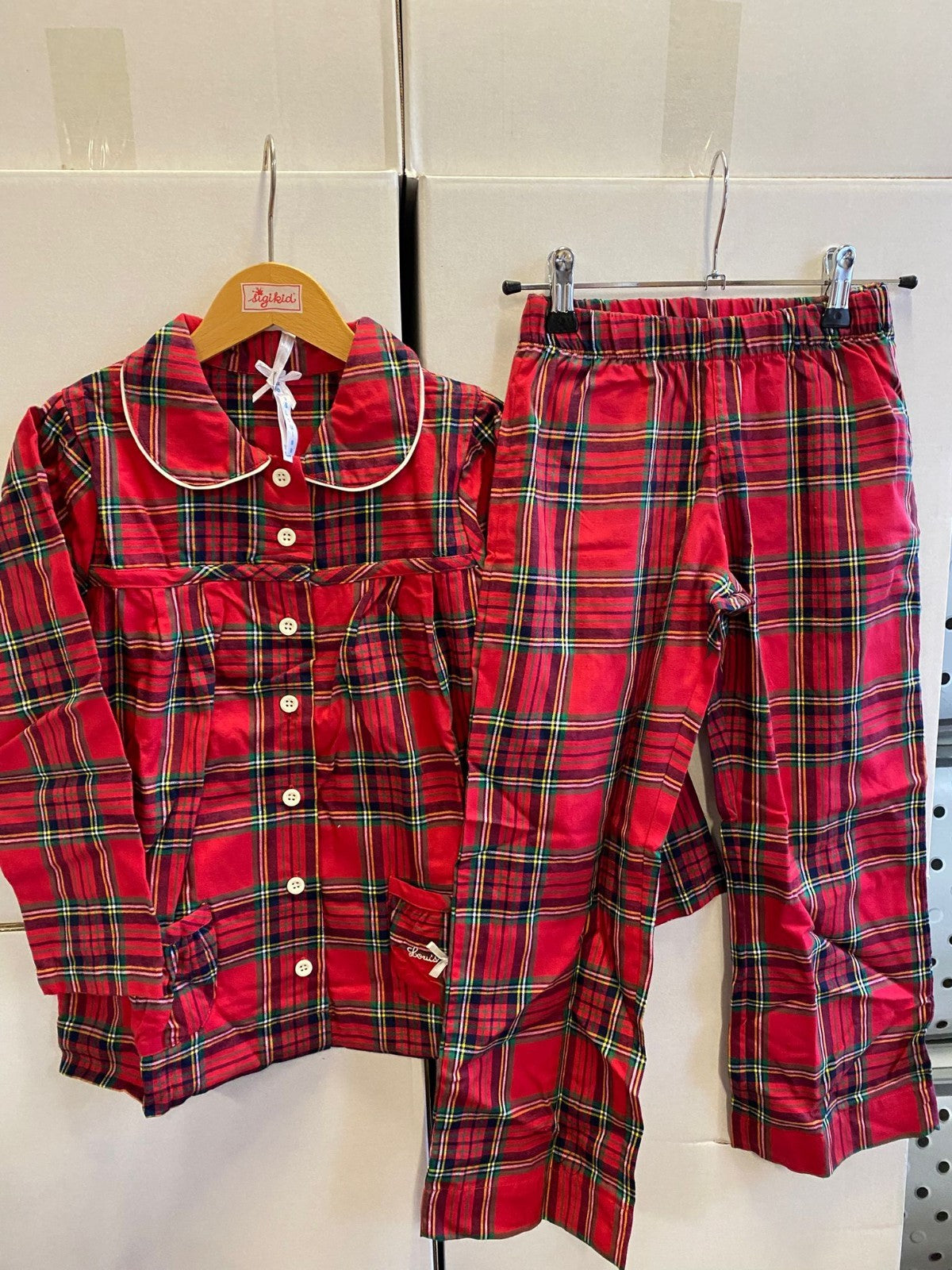 Louis & Luisa Mädchen Pyjama rot kariert 100 % Baumwolle, Gr 92/98 NEU